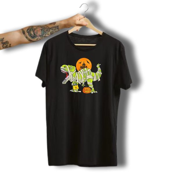 Funny Halloween Rex Dinosaur Mummy With Pumpkin And Haunted House T Shirt t shirt 1