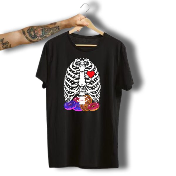 Funny Halloween Rib Cage Skeleton With Heart And Colorful Donuts T Shirt t shirt 1