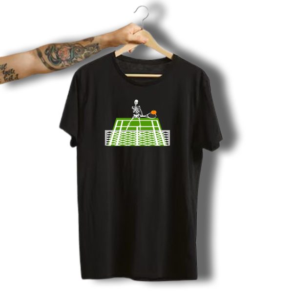 Funny Halloween Skeleton Playing Tennis With Pumpkin Racquet T Shirt t shirt 1