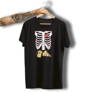 Funny Halloween Skeleton X Ray Pizza Beer Heart T-Shirt