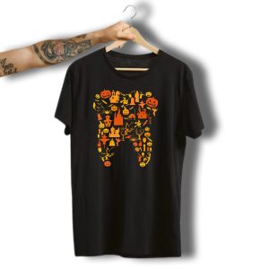 Funny Halloween Tooth With Pumpkins Ghosts Castles And Bats T-Shirt