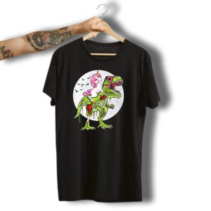 Funny Halloween Unicorn Riding Zombie Dinosaur With Bats And Full Moon T-Shirt