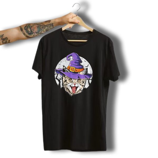 Funny Halloween Witch Cat With Purple Hat And Moon Background T Shirt t shirt 1 1