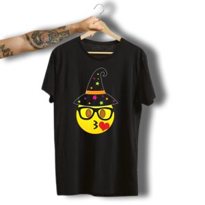 Funny Halloween Witch Hat Emoji Nerd Glasses Kissy Face T-Shirt