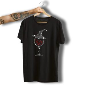 Funny Halloween Witch Hat Wine Glass Womens Wine Lover T-Shirt