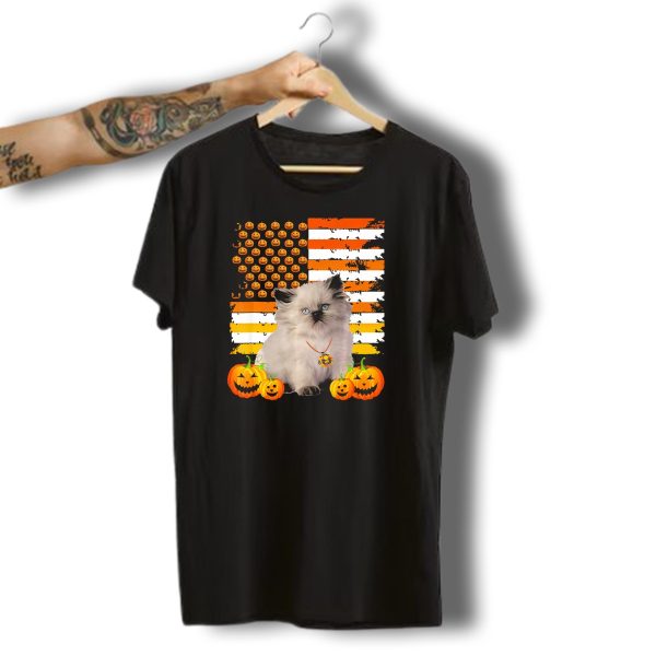 Funny Himalayan Cat Halloween Pumpkin American Flag T Shirt t shirt 1
