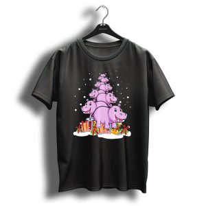 Funny Hippo Hippopotamus Christmas Tree With Presents And Snowflakes T-Shirt