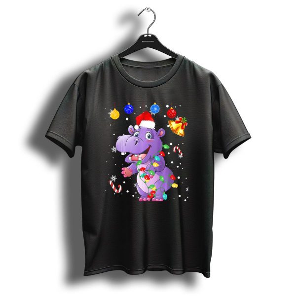 Funny Hippopotamus Wrapped In Christmas Lights Wearing Santa Hat With Ornaments And Candy Canes T Shirt 1 t shirt 1