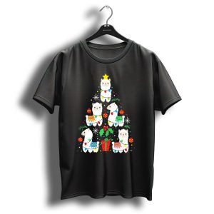 Funny Llama Christmas Tree Ornament With Festive Holiday Lights And Decorations T-Shirt