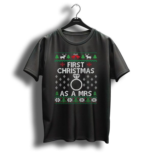Funny Newly Wed First Christmas As A Mrs Diamond Ring Snowflakes Reindeer T Shirt 1 t shirt 1