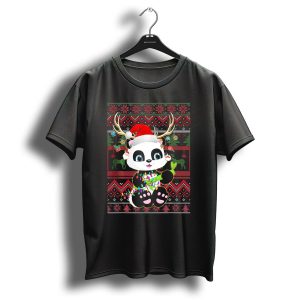Funny Panda Reindeer Christmas Lights Ugly T-Shirt