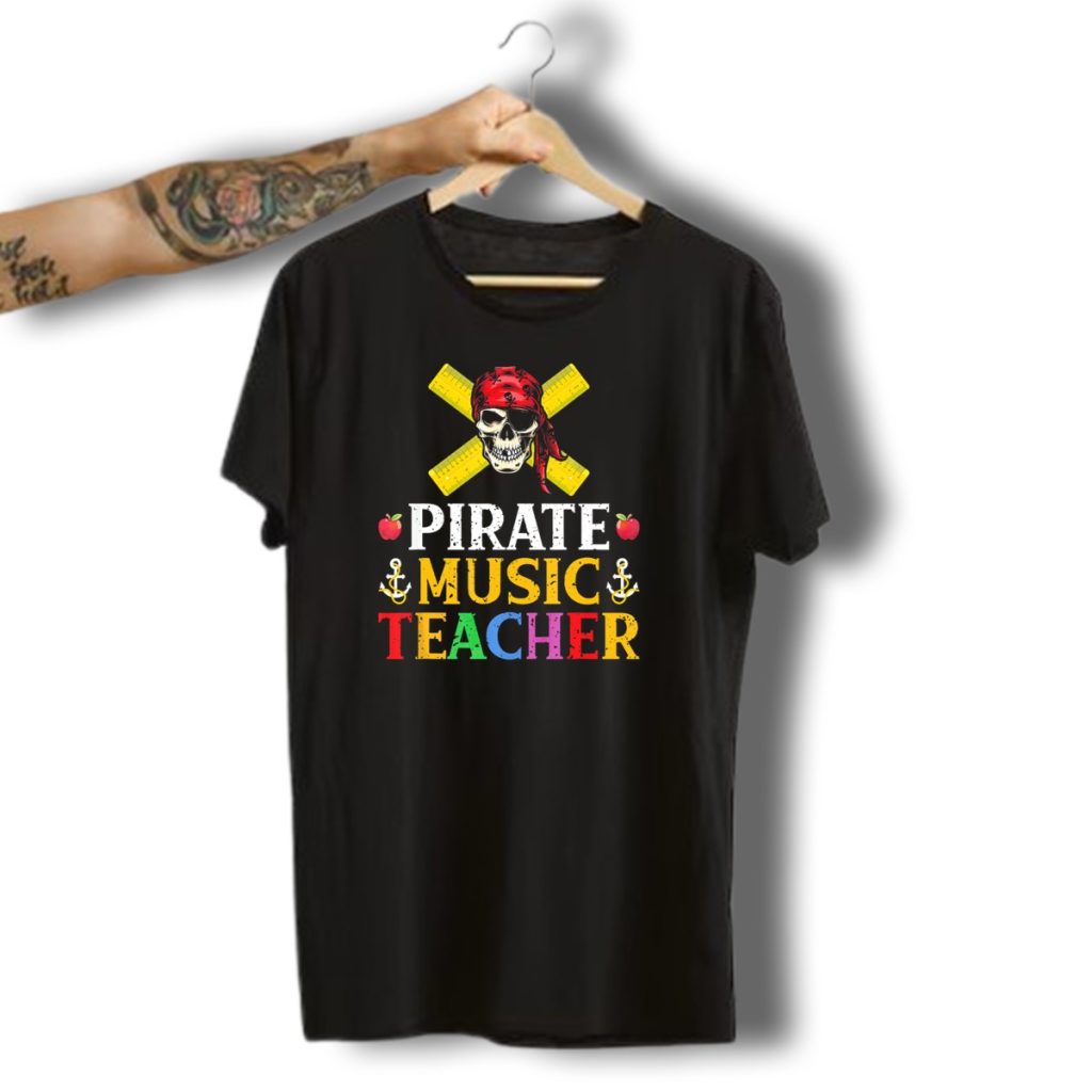 Funny Pirate Music Teacher Halloween Skull Anchors Apples Rulers T Shirt t shirt 1