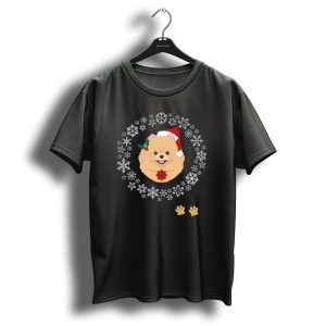 Funny Pomeranian Dog Pet Christmas Hat Snowflakes Paws T-Shirt