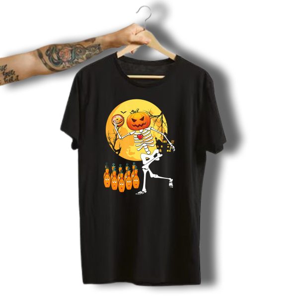 Funny Pumpkin Headed Bowling Skeleton Halloween Dance T Shirt t shirt 1
