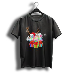 Funny Rhino Christmas Reindeer Hat Xmas Lights Gift Boxes Snowflakes T-Shirt