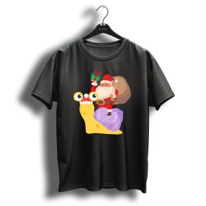 Funny Santa Riding Snail Christmas Pajama Graphic Santa With Gift On Bright Cartoon Snail T-Shirt