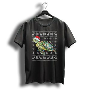 Funny Sea Turtle In Santa Hat With Christmas Lights Reindeer Snowflakes Ornaments T-Shirt