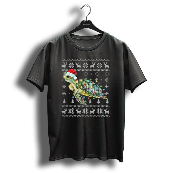 Funny Sea Turtle In Santa Hat With Christmas Lights Reindeer Snowflakes Ornaments T Shirt 1 t shirt 1