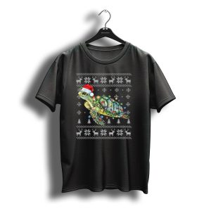 Funny Sea Turtle In Santa Hat With Christmas Lights Reindeer Snowflakes T-Shirt