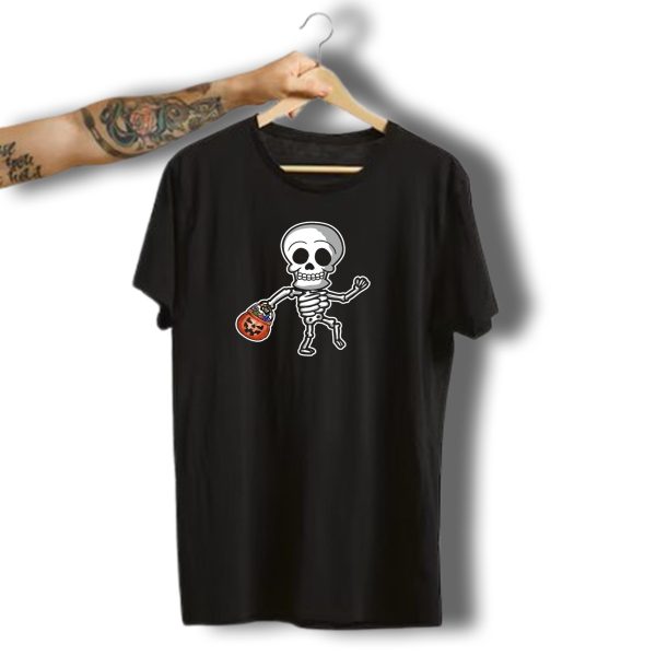 Funny Skeleton Halloween Trick Or Treating With Candy Pumpkin Bucket T Shirt t shirt 1