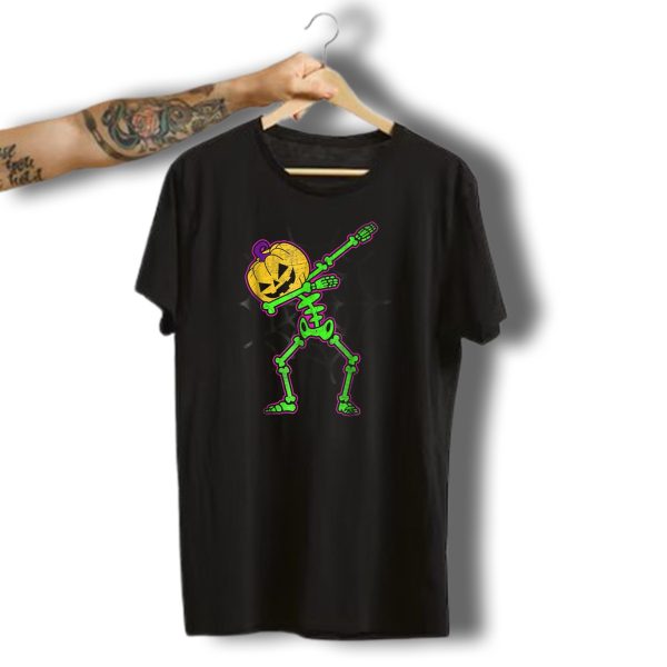 Funny Skeleton Pumpkin Halloween Dab With Spiderweb Background T Shirt t shirt 1