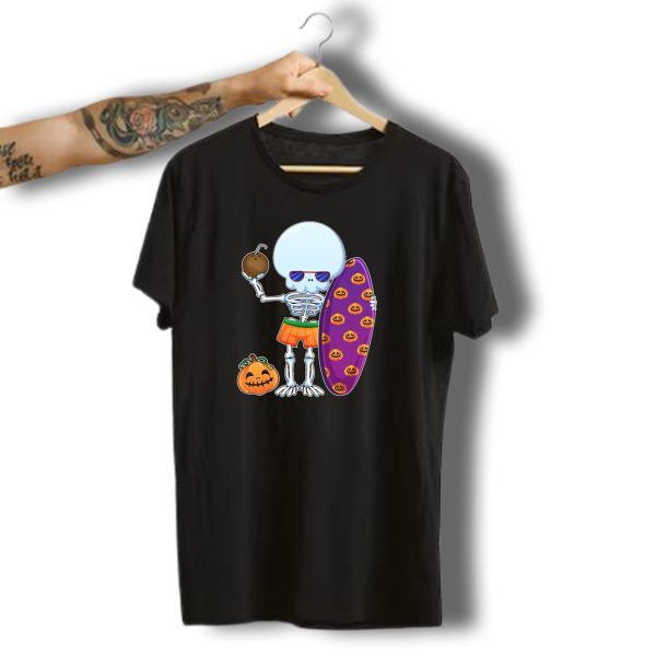 Funny Skeleton Surfing Halloween Pumpkins Hawaii T Shirt t shirt 1