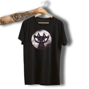 Funny Spooky Black Cat Halloween Kit With Eerie Moon Background T-Shirt