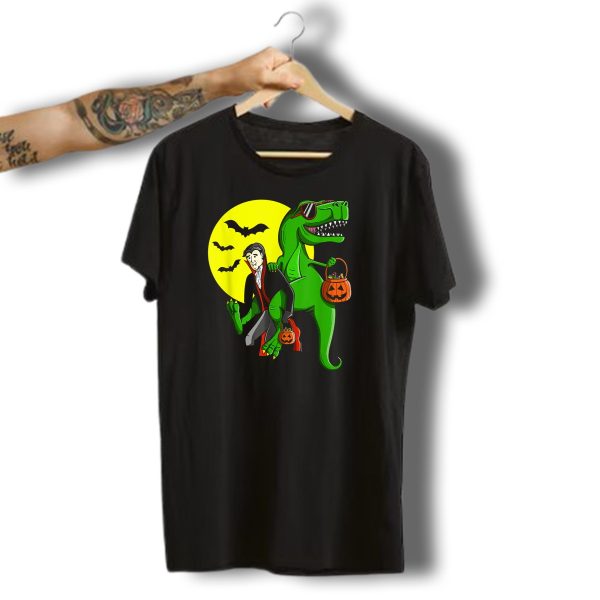 Funny T Rex Riding Vampire Trick Or Treat Halloween Night T Shirt t shirt 1