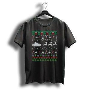 Funny Veteran Ugly Christmas Sweater With Tank Reindeer And Military Decorations T-Shirt