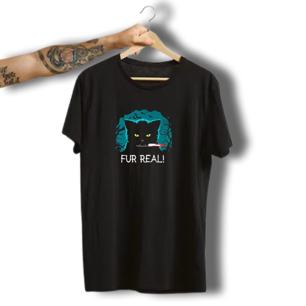 Fur Real Black Cat Halloween With Knife In Moonlit Forest T Shirt t shirt 1