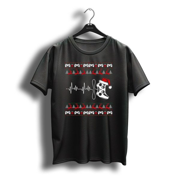 Gamer Heartbeat Christmas Controller Santa Hat Trees Reindeer T Shirt t shirt 1