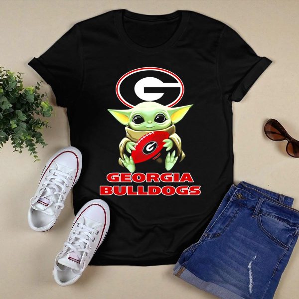 Georgia Bulldogs Baby Yoda Holding Football T Shirt 1