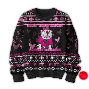 Georgia Bulldogs Breast Cancer Warrior Tackle Cancer Christmas Black Ugly Sweater