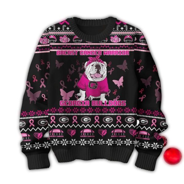 Georgia Bulldogs Breast Cancer Warrior Tackle Cancer Christmas Black Ugly Sweater 1