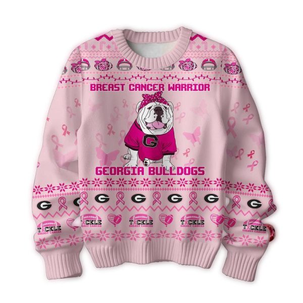 Georgia Bulldogs Breast Cancer Warrior Tackle Cancer Christmas Ugly Sweater 1
