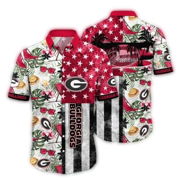 Georgia Bulldogs Floral Leafs and Flag American Hawaiian Shirt 1