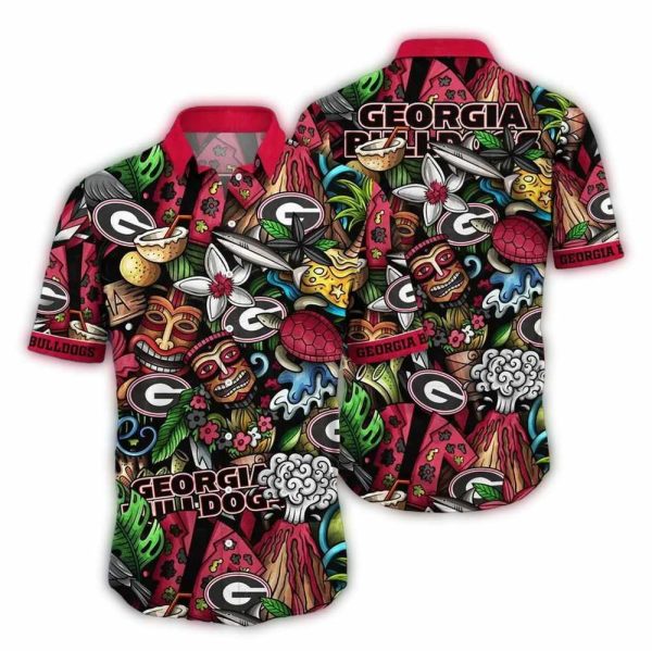Georgia-Bulldogs-Floral-Tiki-Turtle-Pattern-Hawaiian-Shirt-1 Georgia Bulldogs Floral Tiki Turtle Pattern Hawaiian Shirt 1