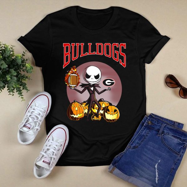 Georgia Bulldogs Jack Skellington Pumpkin Football Halloween T Shirt 1