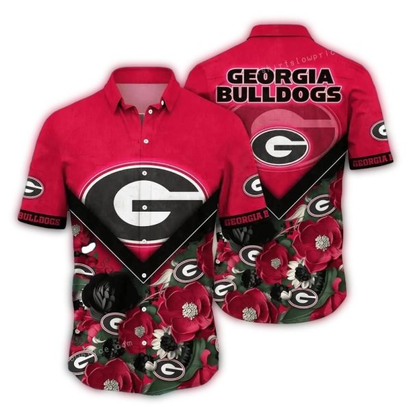 Georgia Bulldogs Logo Big and Flower Hawaiian Shirt 1