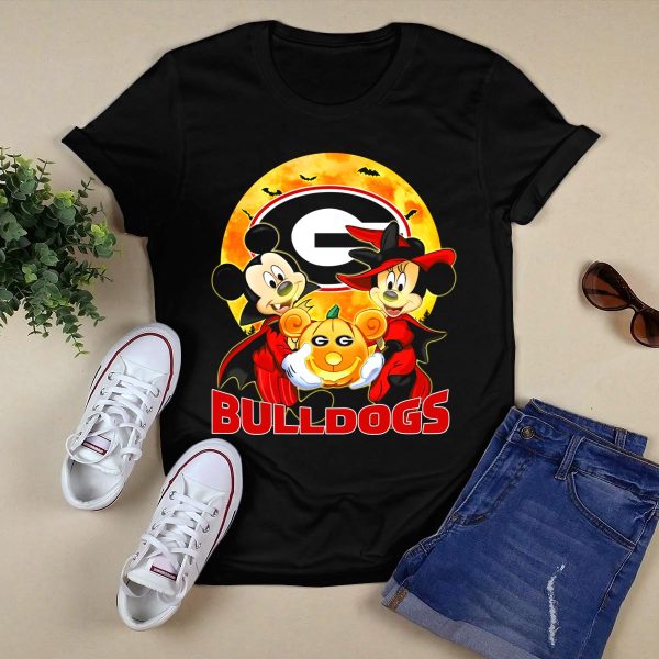 Georgia Bulldogs Mickey and Minnie Mouse Halloween Pumpkin T Shirt 1