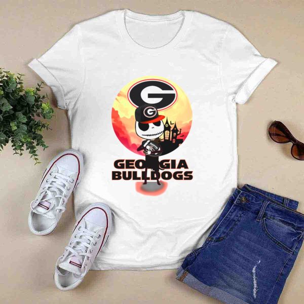 Georgia Bulldogs Skull And Football Scene With Gothic Castle T Shirt 0
