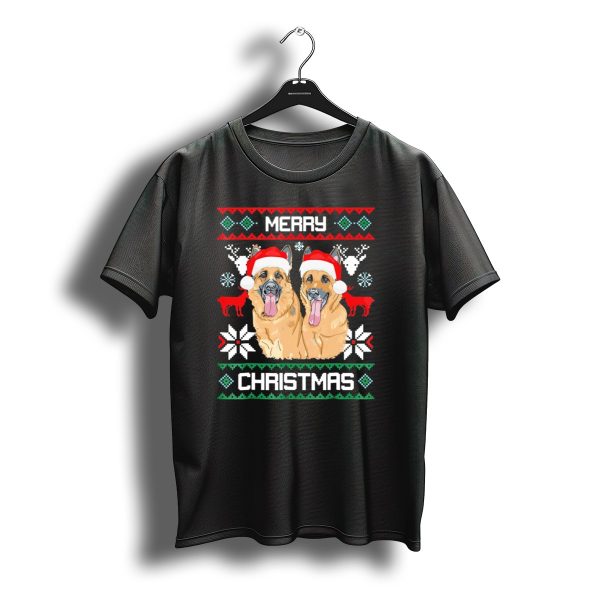 German Shepherd Couple Merry Christmas Santa Hats Holiday T Shirt t shirt 1