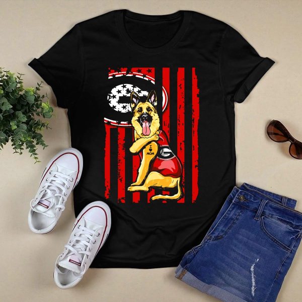 German Shepherd Georgia Bulldogs I Love Mom with Flag Background T Shirt 1