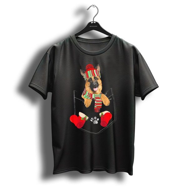 German Shepherd In Festive Striped Hat And Scarf In Christmas Pocket With Paw And Stockings T Shirt 1 t shirt 1