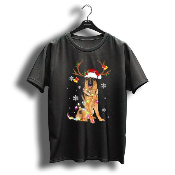 German Shepherd Reindeer Christmas Lights Santa Hat Snowflakes T Shirt 1 t shirt 1