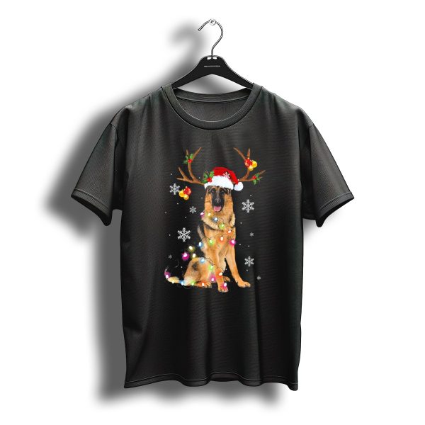 German Shepherd Reindeer Christmas Lights Santa Hat Snowflakes T Shirt t shirt 1