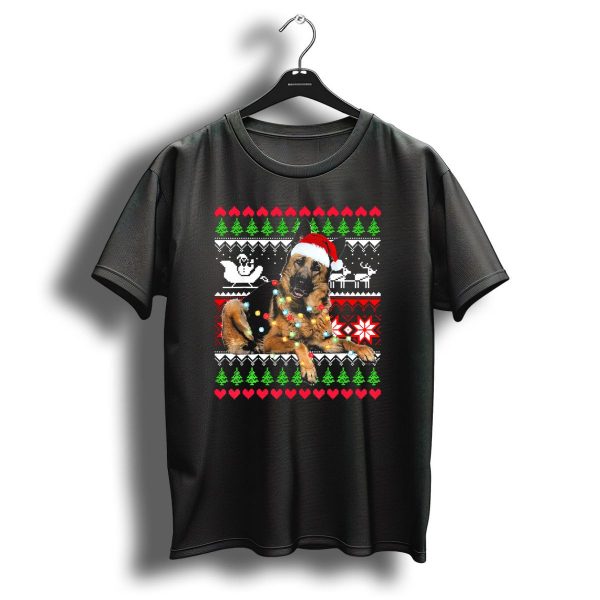 German Shepherd Santa Hat Christmas Lights Snowflake Ugly T Shirt 1 t shirt 1