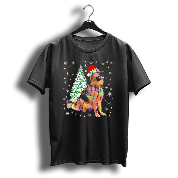 German Shepherd Santa Hat Christmas Lights Snowflakes Tree T Shirt 1 t shirt 1