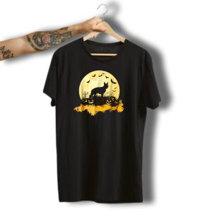 German Shepherd Silhouette Halloween Full Moon Pumpkins Bats T-Shirt
