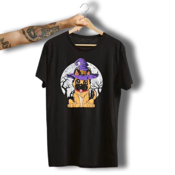 German Shepherd Witch Halloween Moon Background T Shirt 1 t shirt 1